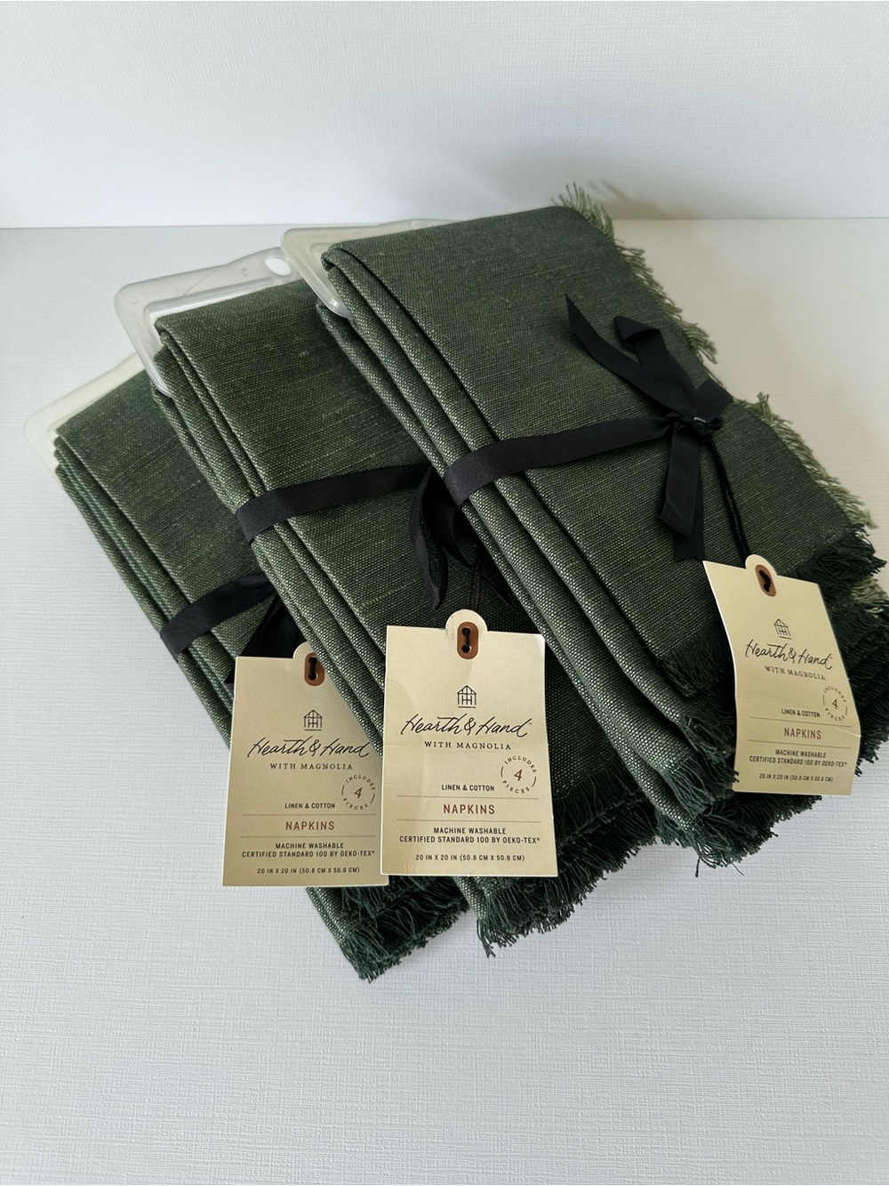 NWT Hearth & Hand Hunter Green Fringed Linen Napkins - Set of 12